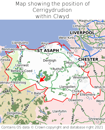 Map showing location of Cerrigydrudion within Clwyd