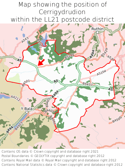 Map showing location of Cerrigydrudion within LL21