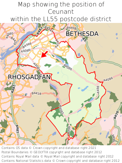 Map showing location of Ceunant within LL55