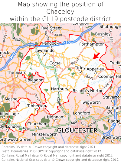 Map showing location of Chaceley within GL19