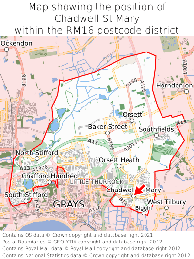 Map showing location of Chadwell St Mary within RM16