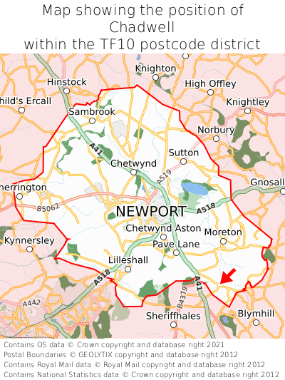 Map showing location of Chadwell within TF10