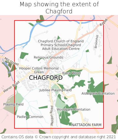 Map showing extent of Chagford as bounding box