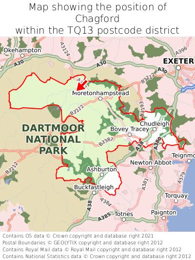 Map showing location of Chagford within TQ13