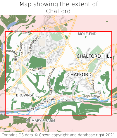 Map showing extent of Chalford as bounding box