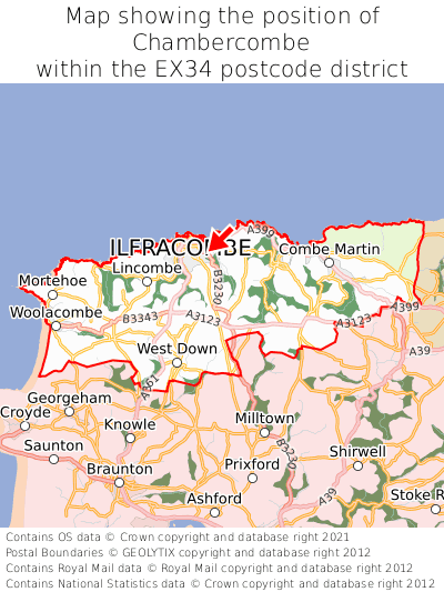 Map showing location of Chambercombe within EX34