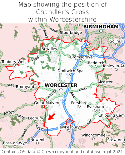 Map showing location of Chandler's Cross within Worcestershire