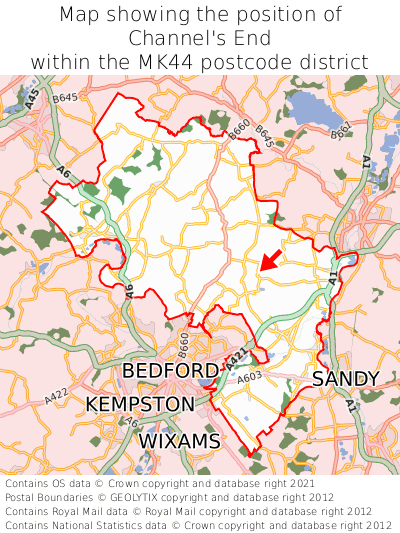 Map showing location of Channel's End within MK44