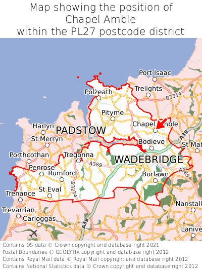 Map showing location of Chapel Amble within PL27