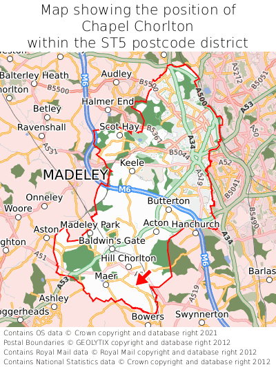 Map showing location of Chapel Chorlton within ST5