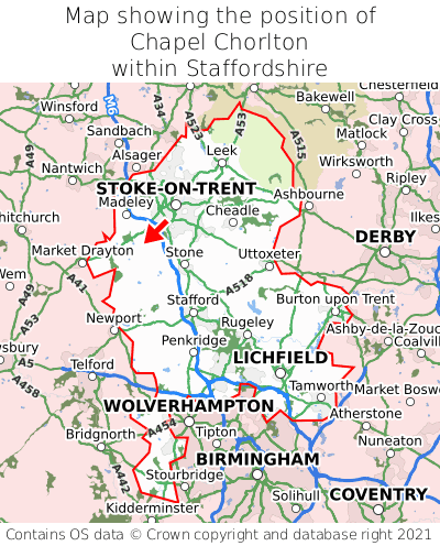 Map showing location of Chapel Chorlton within Staffordshire