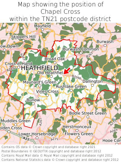 Map showing location of Chapel Cross within TN21