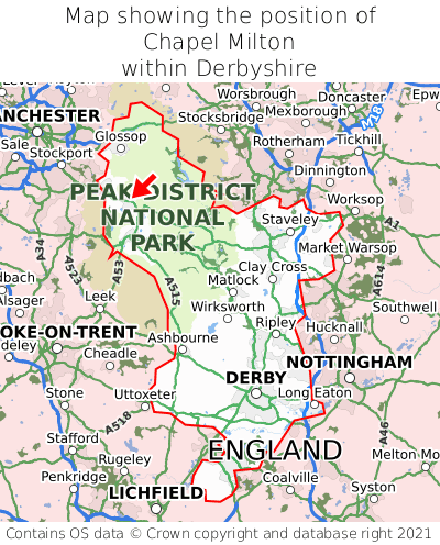 Map showing location of Chapel Milton within Derbyshire