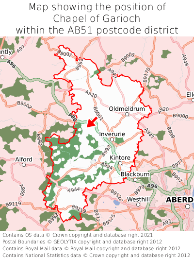 Map showing location of Chapel of Garioch within AB51