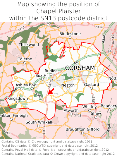 Map showing location of Chapel Plaister within SN13