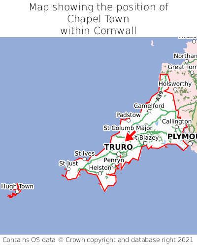 Map showing location of Chapel Town within Cornwall