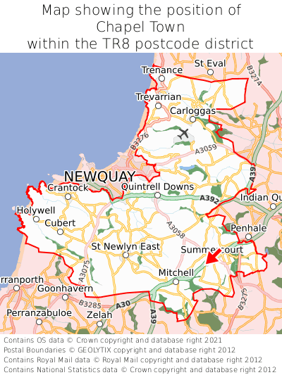 Map showing location of Chapel Town within TR8