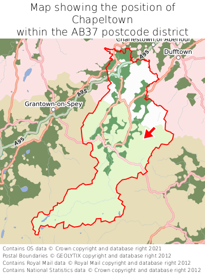 Map showing location of Chapeltown within AB37