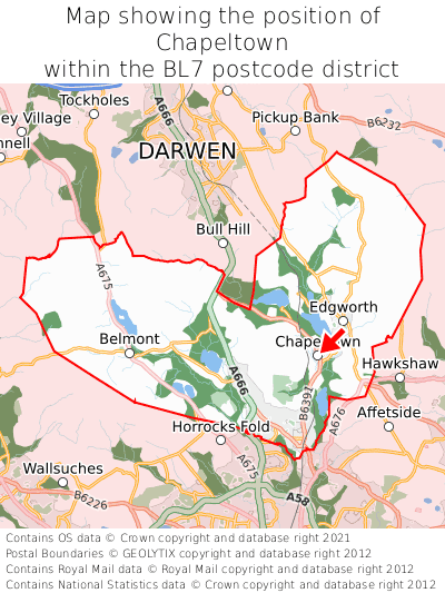 Map showing location of Chapeltown within BL7