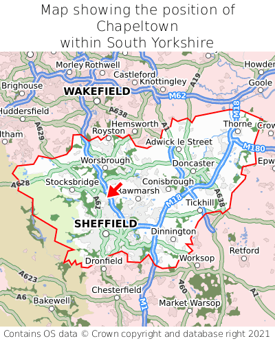 Map showing location of Chapeltown within South Yorkshire