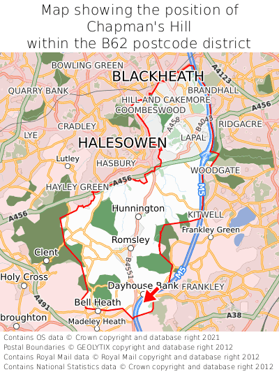 Map showing location of Chapman's Hill within B62