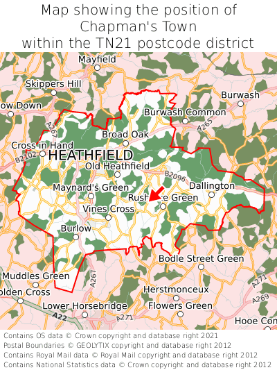 Map showing location of Chapman's Town within TN21