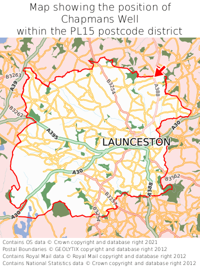 Map showing location of Chapmans Well within PL15