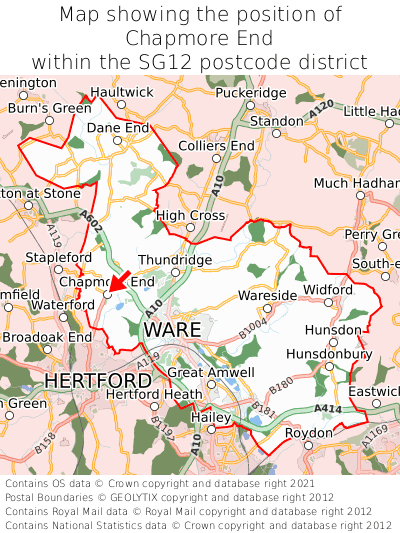 Map showing location of Chapmore End within SG12