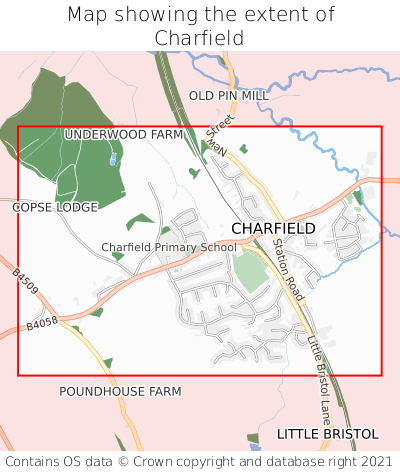 Map showing extent of Charfield as bounding box