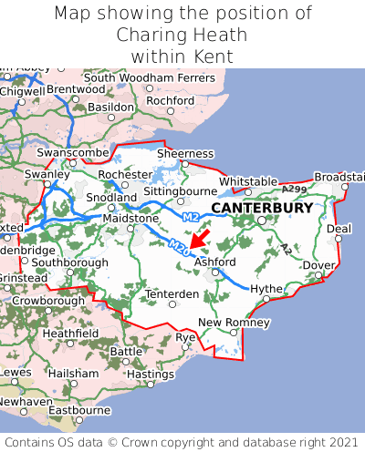 Map showing location of Charing Heath within Kent