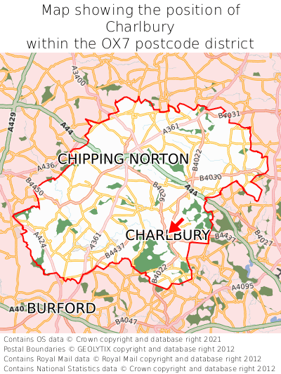 Map showing location of Charlbury within OX7