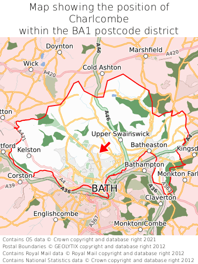 Map showing location of Charlcombe within BA1