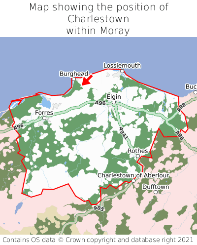 Map showing location of Charlestown within Moray