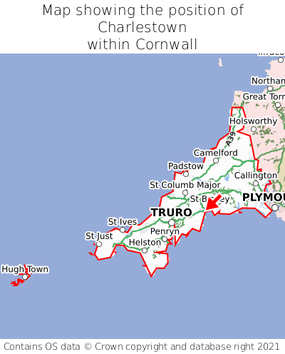 Map showing location of Charlestown within Cornwall
