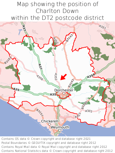 Map showing location of Charlton Down within DT2