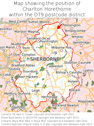 Map showing location of Charlton Horethorne within DT9
