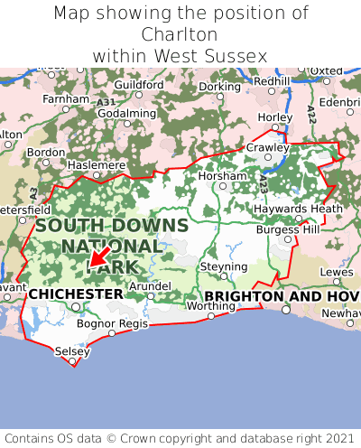 Map showing location of Charlton within West Sussex