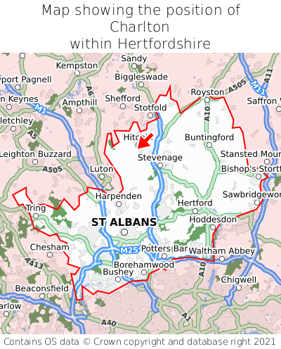 Map showing location of Charlton within Hertfordshire