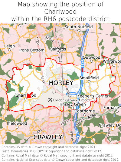 Map showing location of Charlwood within RH6