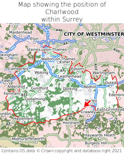 Map showing location of Charlwood within Surrey