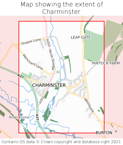 Map showing extent of Charminster as bounding box