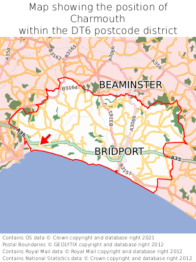 Map showing location of Charmouth within DT6