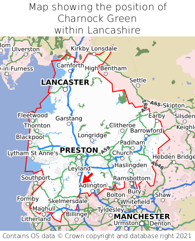 Map showing location of Charnock Green within Lancashire