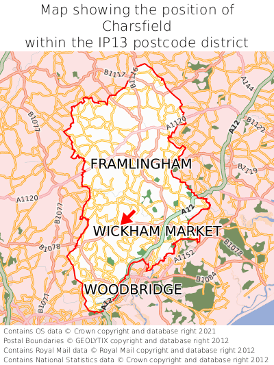 Map showing location of Charsfield within IP13