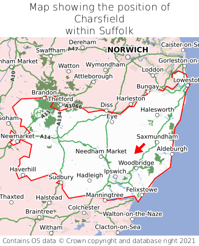 Map showing location of Charsfield within Suffolk