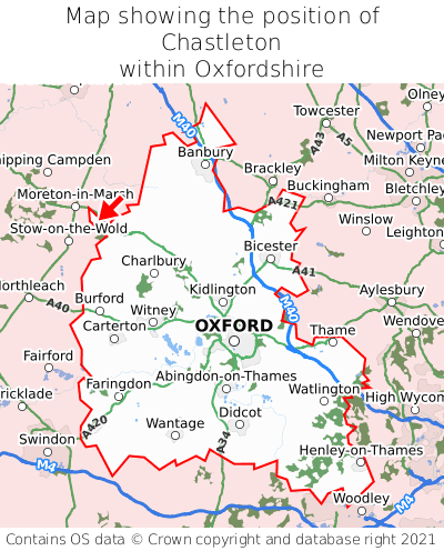 Map showing location of Chastleton within Oxfordshire