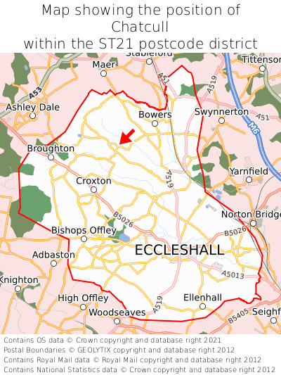 Map showing location of Chatcull within ST21