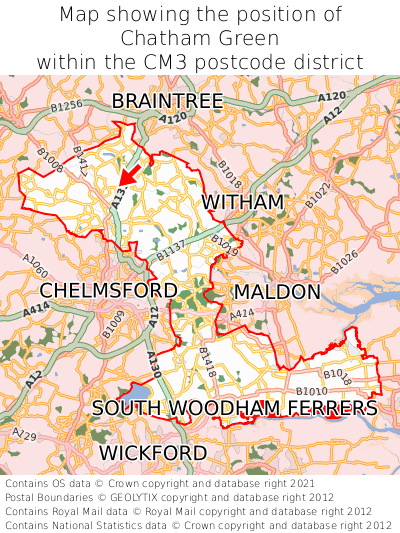 Map showing location of Chatham Green within CM3