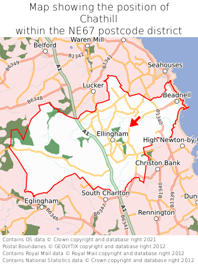 Map showing location of Chathill within NE67