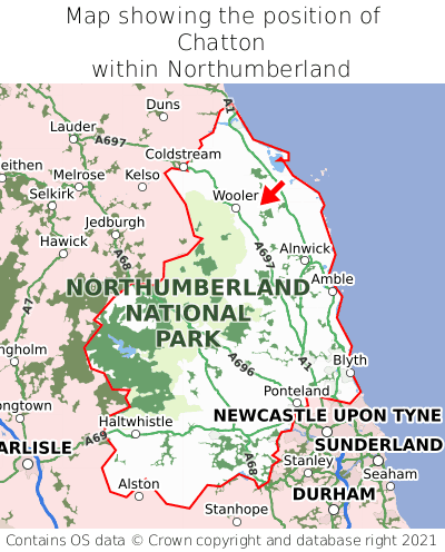 Map showing location of Chatton within Northumberland